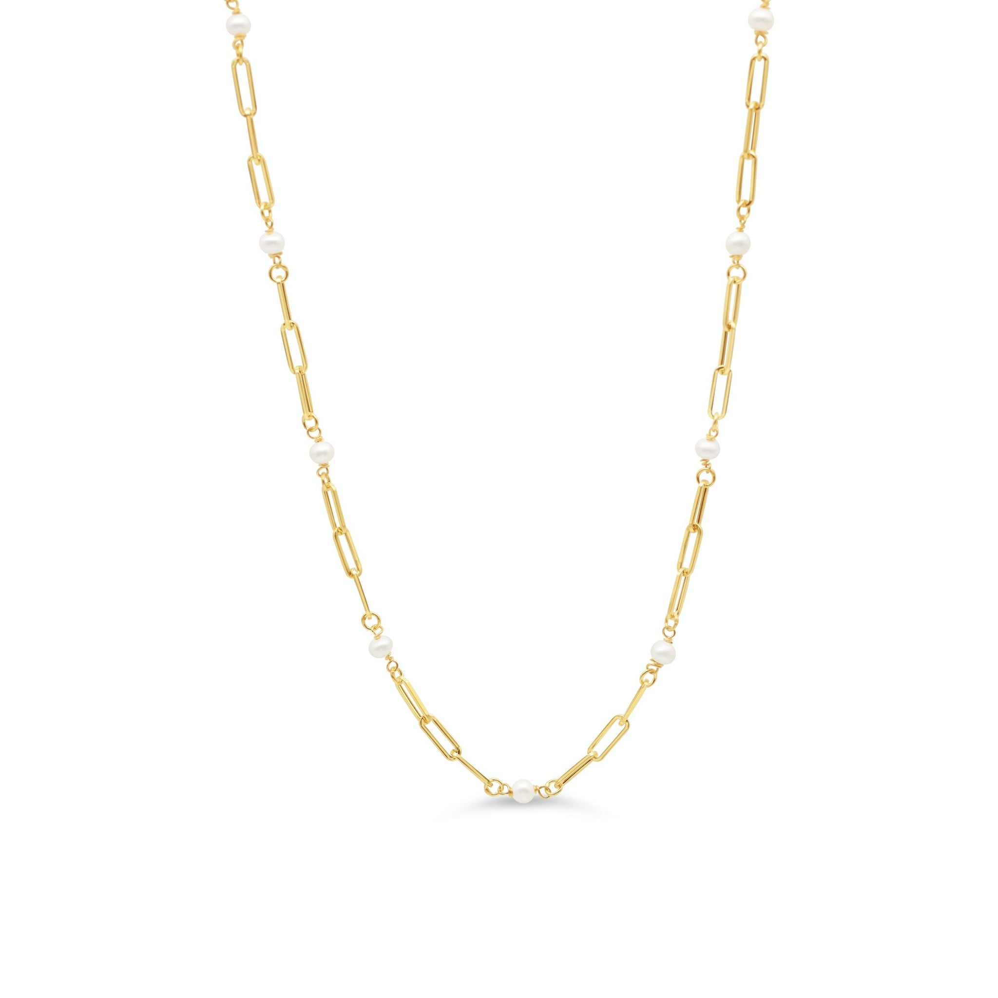 10K yellow gold paperclip chain necklace with white pearls evenly spaced along the chain.