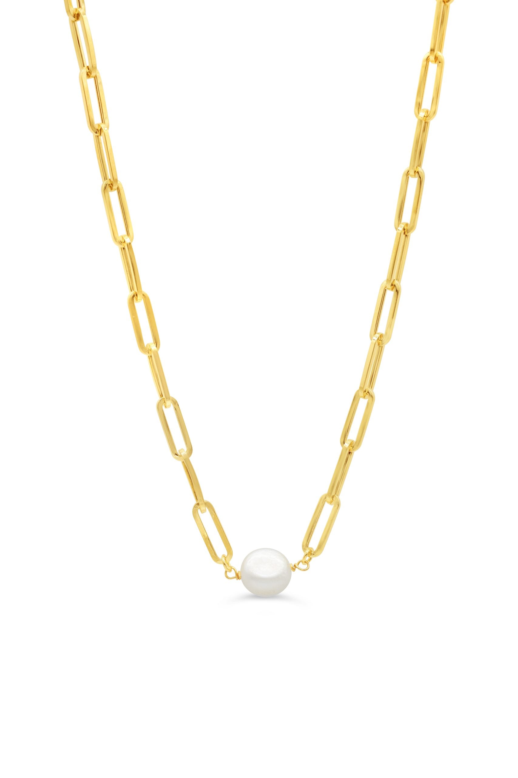 Elegant 10K yellow gold necklace with a single pearl centerpiece.