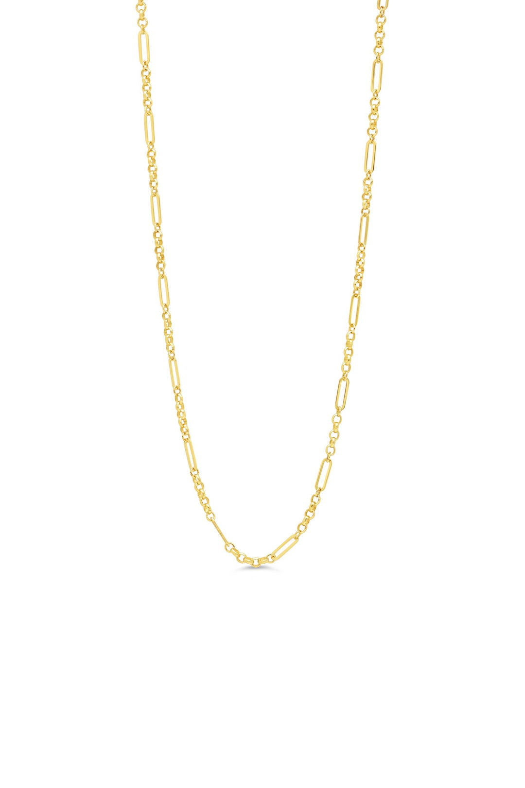 10K yellow gold Figaro chain necklace with alternating polished elongated and round links.