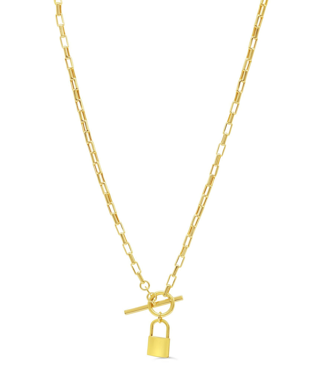 10K yellow gold toggle chain necklace featuring a rectangular link chain and a polished padlock charm with a toggle clasp.