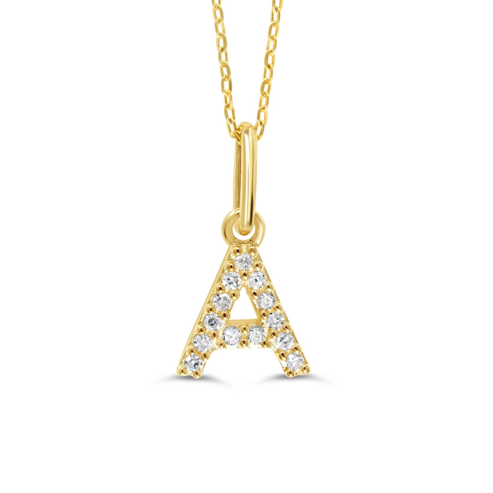 Yellow gold diamond "A" pendant necklace with 0.05CT diamonds and cable chain.