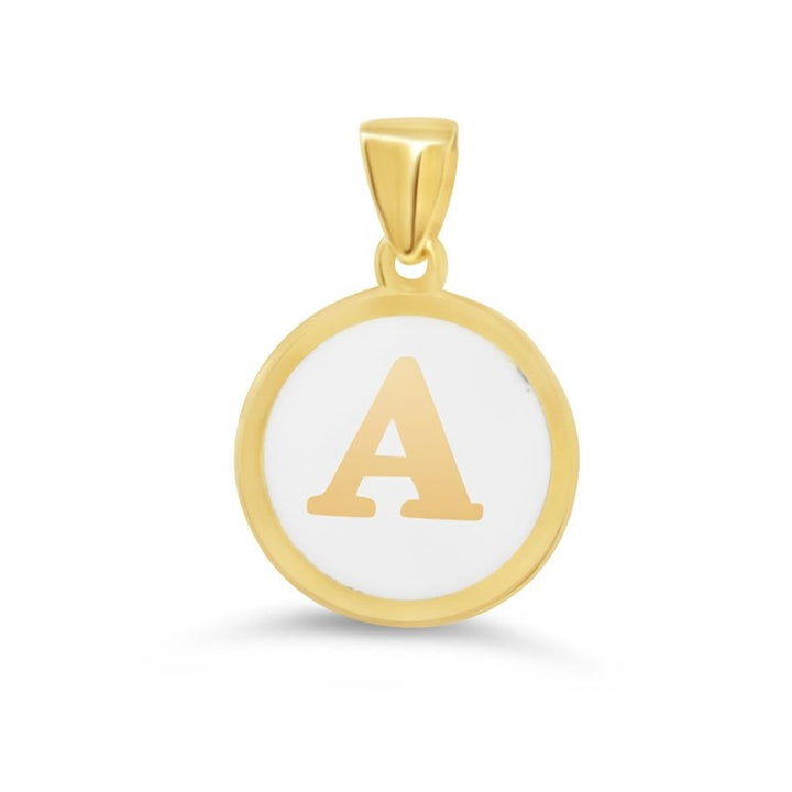 10K gold initial "A" pendant with white enamel and circular design.