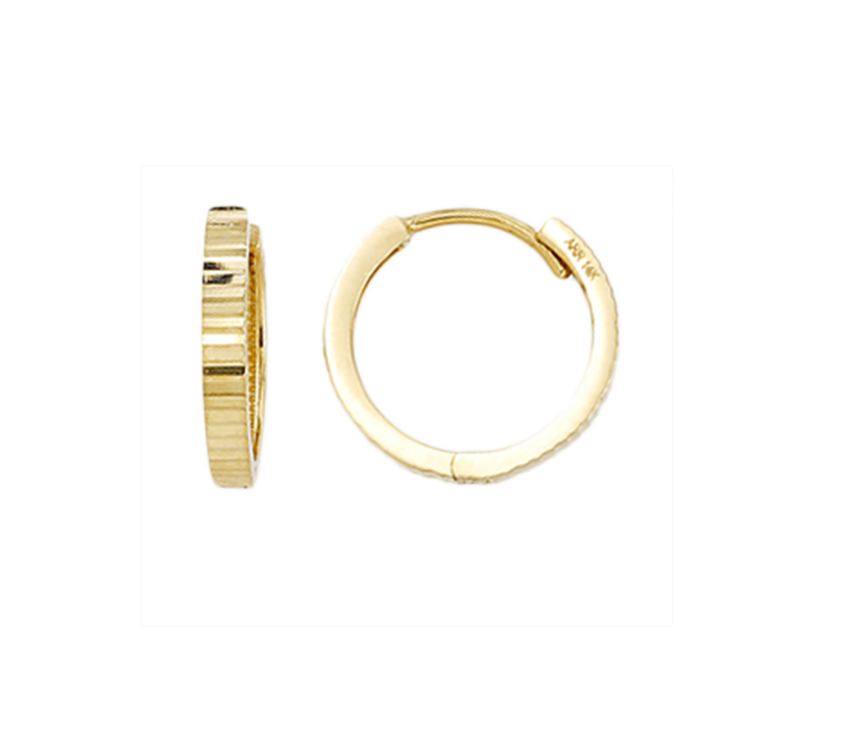 10k yellow gold textured huggie hoop earrings with polished finish and snap-back closure.