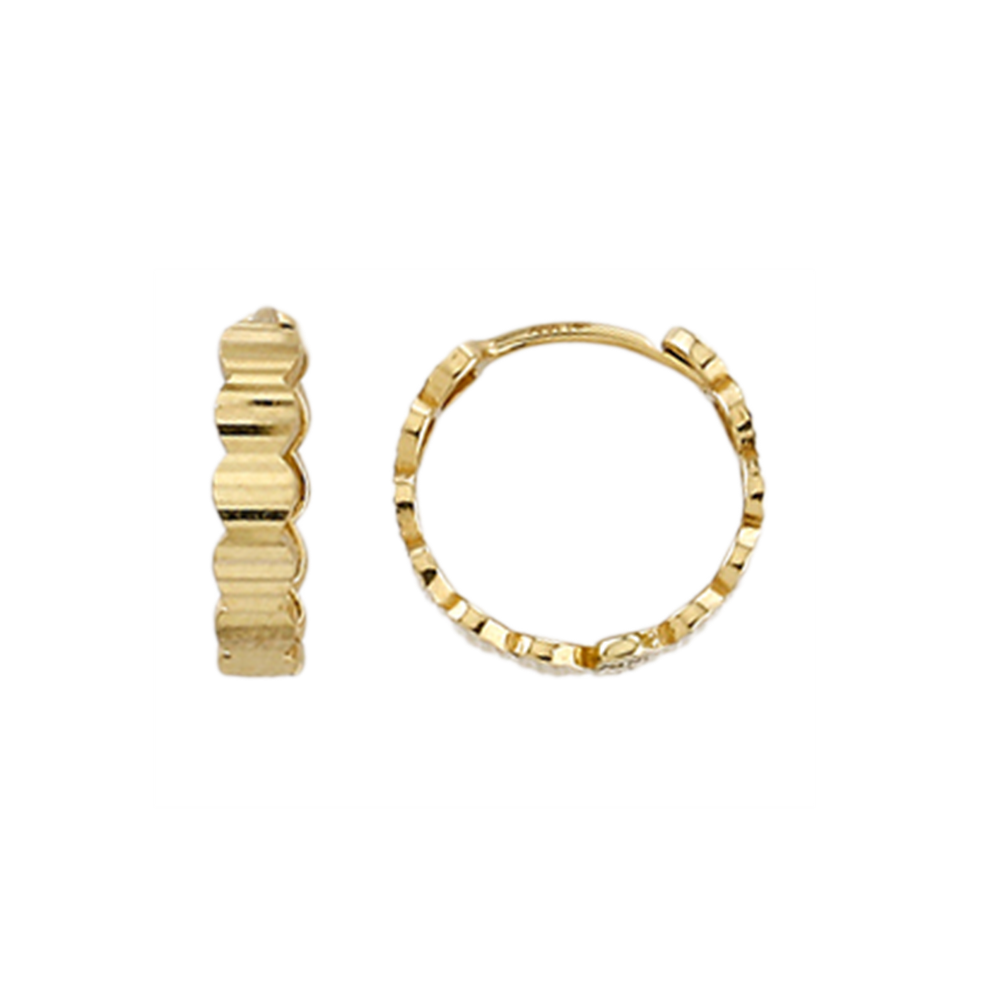 10k yellow gold wave-pattern huggie hoop earrings with polished finish and snap-back closure.