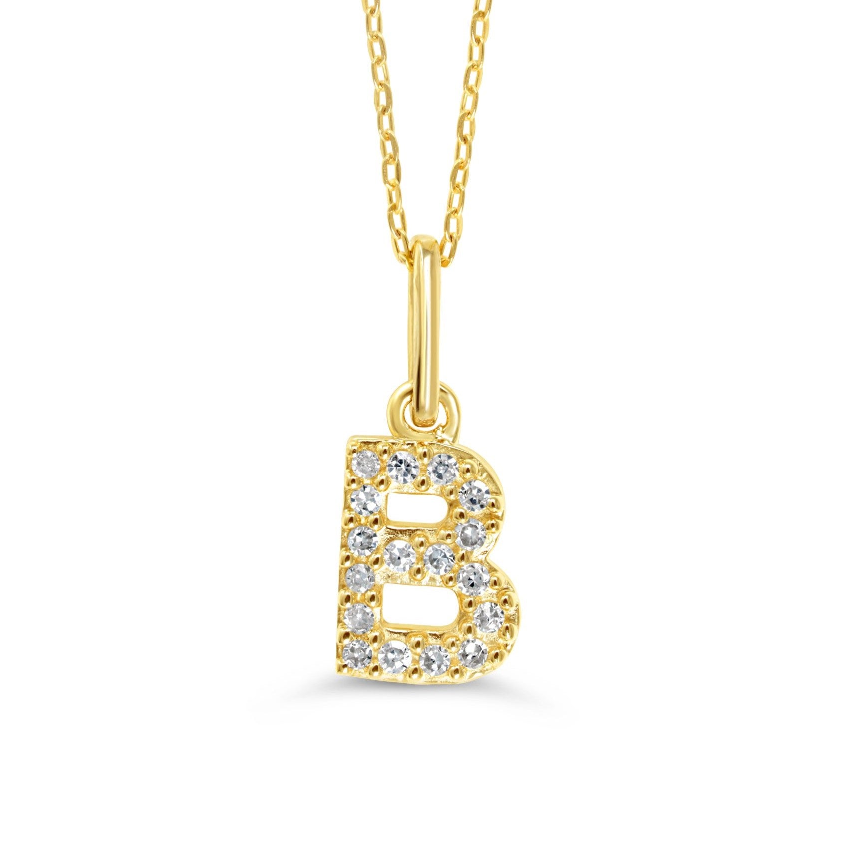 Yellow gold diamond "B" pendant necklace with 0.06CT diamonds and cable chain.