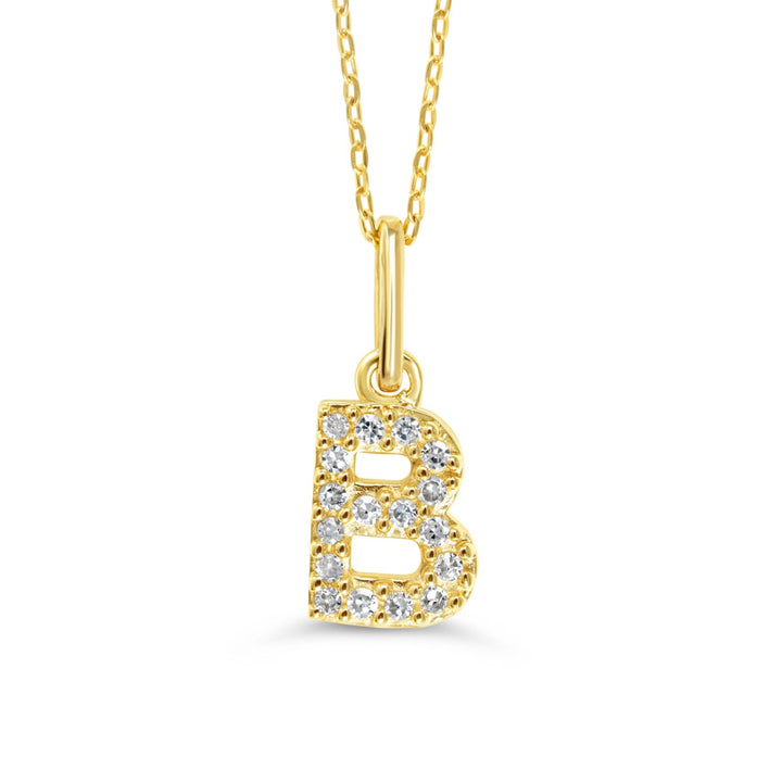 Yellow gold diamond "B" pendant necklace with 0.06CT diamonds and cable chain.