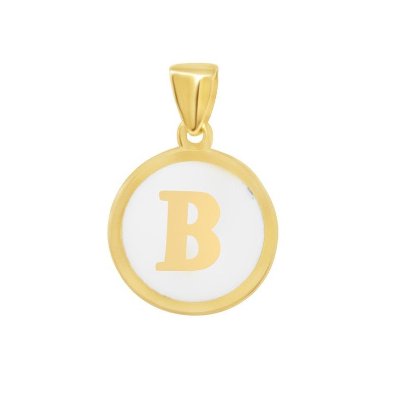 10K gold initial "B" pendant featuring a circular design and white enamel background.