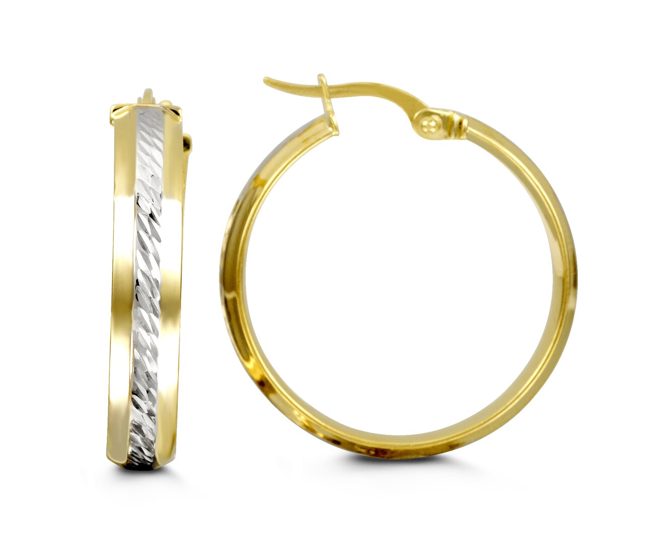 10k two-tone yellow gold hoop earrings with white gold center detail, 25mm length, and 5mm width.