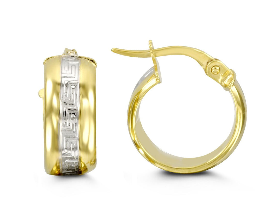 10k two-tone gold hoop earrings with white gold Greek key design, 14mm length, 6mm width.