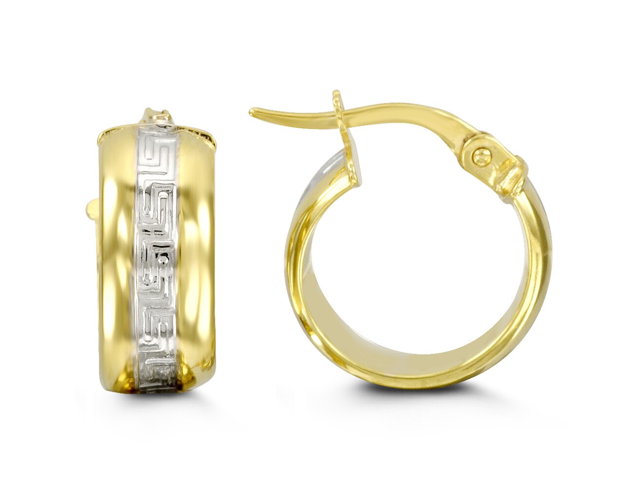 10k two-tone gold hoop earrings with white gold Greek key design, 14mm length, 6mm width.