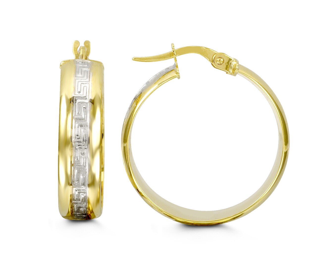 10k two-tone gold hoop earrings with Greek key white gold design, 25mm length, 6mm width.