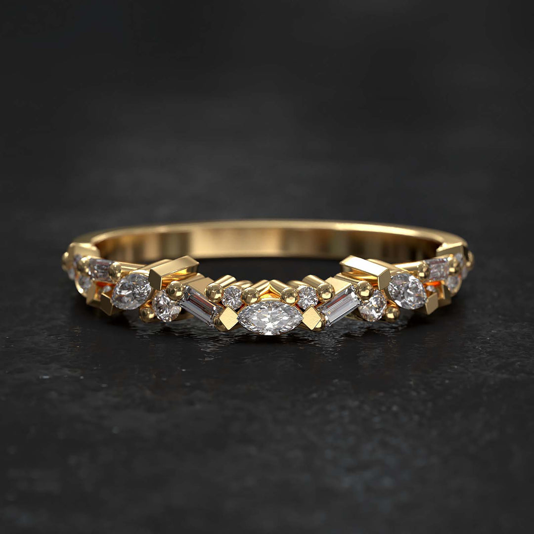 Lab-grown diamond band with marquise, round, and baguette diamonds in gold or platinum, featuring a curved top and 50% diamond coverage.