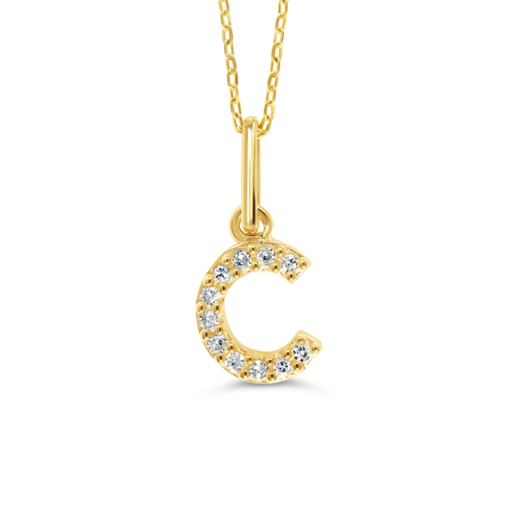 Yellow gold diamond "C" pendant necklace with 0.04CT diamonds and cable chain.