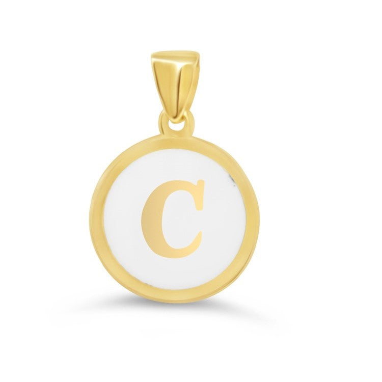 10K gold initial "C" pendant with a round design and white enamel background.