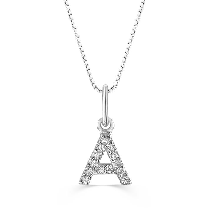 Diamond initial "A" pendant in 10K white gold with 0.05CT diamonds on a cable chain.