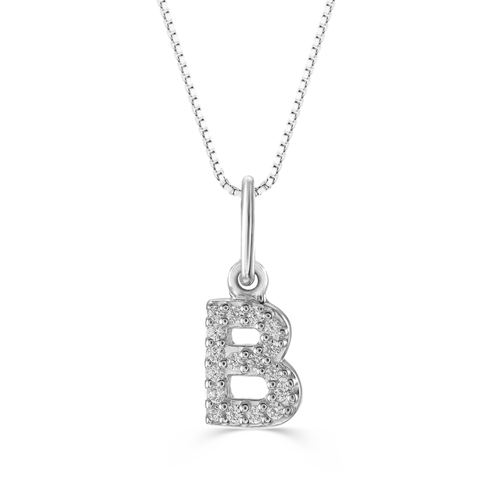 Diamond initial "B" pendant in 10K white gold with 0.06CT diamonds on a sleek cable chain.