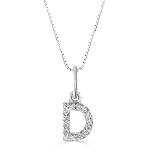 Diamond initial "D" pendant in 10K white gold with 0.05CT diamonds, paired with a delicate cable chain.