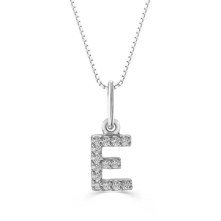 White gold "E" pendant with diamonds on a white gold cable chain, crafted in 10K white gold.
