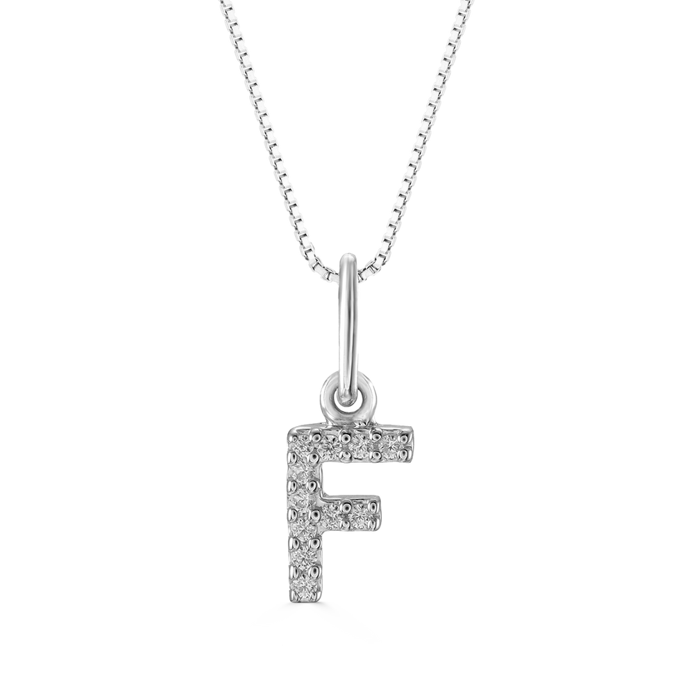 White gold "F" pendant with diamonds on a white gold cable chain, crafted in 10K white gold.