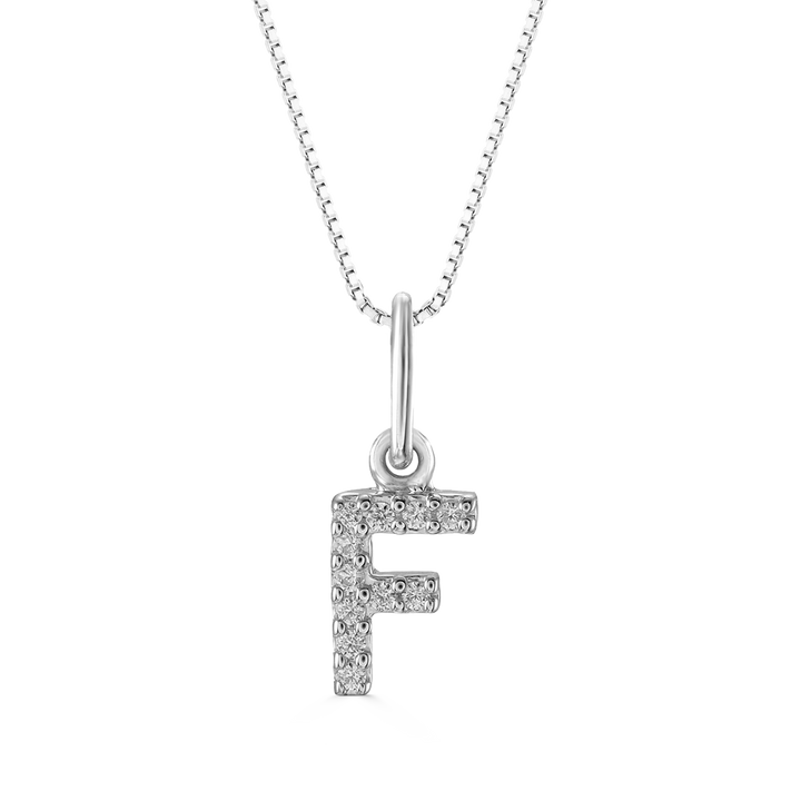 White gold "F" pendant with diamonds on a white gold cable chain, crafted in 10K white gold.