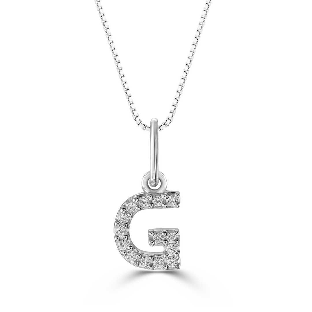 White gold "G" pendant with diamonds on a white gold cable chain, crafted in 10K white gold.