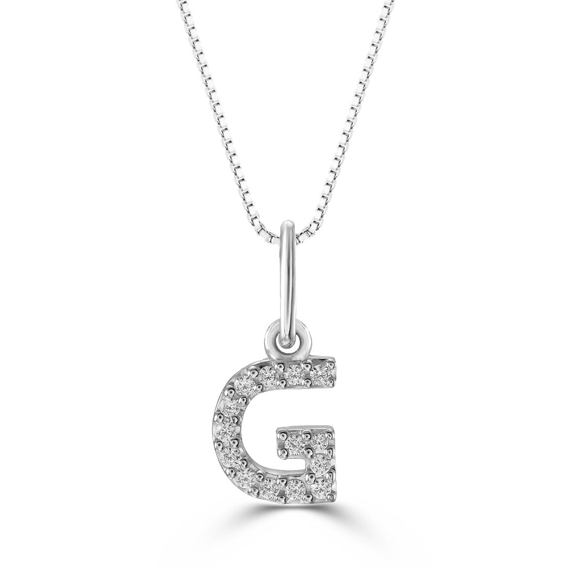 White gold "G" pendant with diamonds on a white gold cable chain, crafted in 10K white gold.