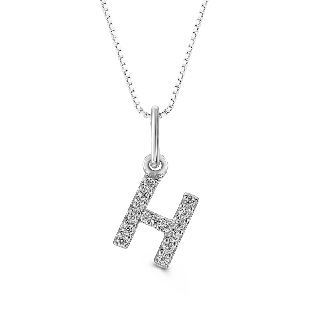 White gold "H" pendant with diamonds on a white gold cable chain, crafted in 10K white gold.