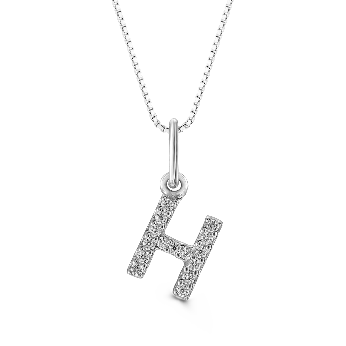 White gold "H" pendant with diamonds on a white gold cable chain, crafted in 10K white gold.