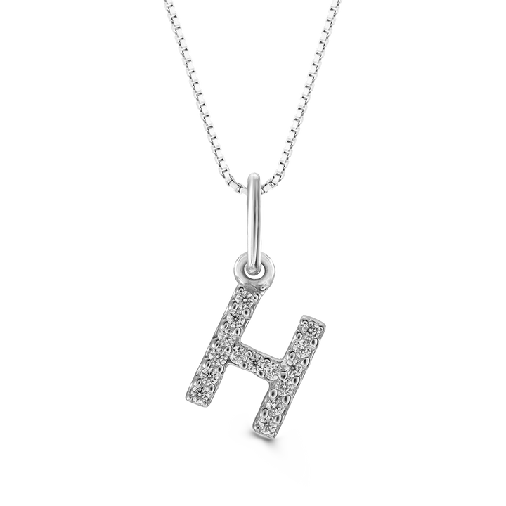 White gold "H" pendant with diamonds on a white gold cable chain, crafted in 10K white gold.