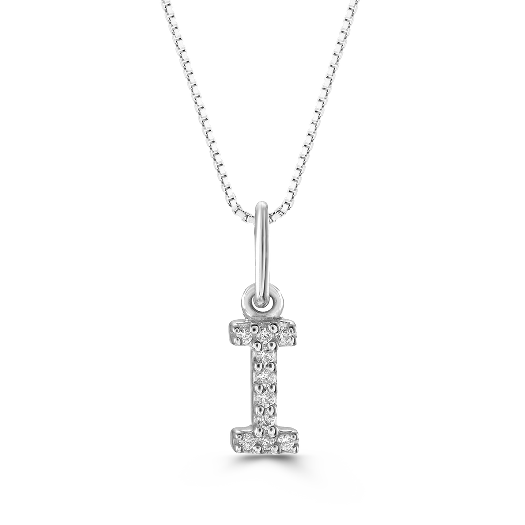 White gold "I" pendant with diamonds on a white gold cable chain, crafted in 10K white gold.