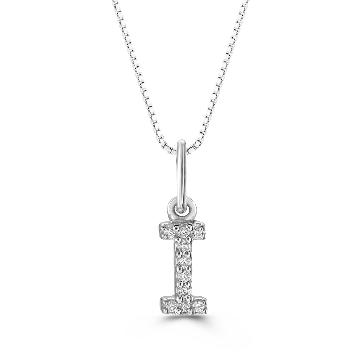 White gold "I" pendant with diamonds on a white gold cable chain, crafted in 10K white gold.