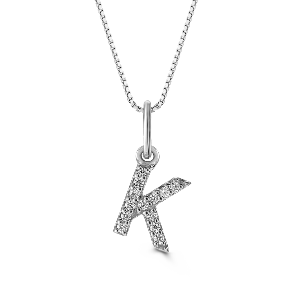 White gold "K" pendant with diamonds on a white gold cable chain, crafted in 10K white gold.