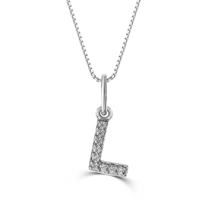 White gold "L" pendant with diamonds on a white gold cable chain, crafted in 10K white gold.