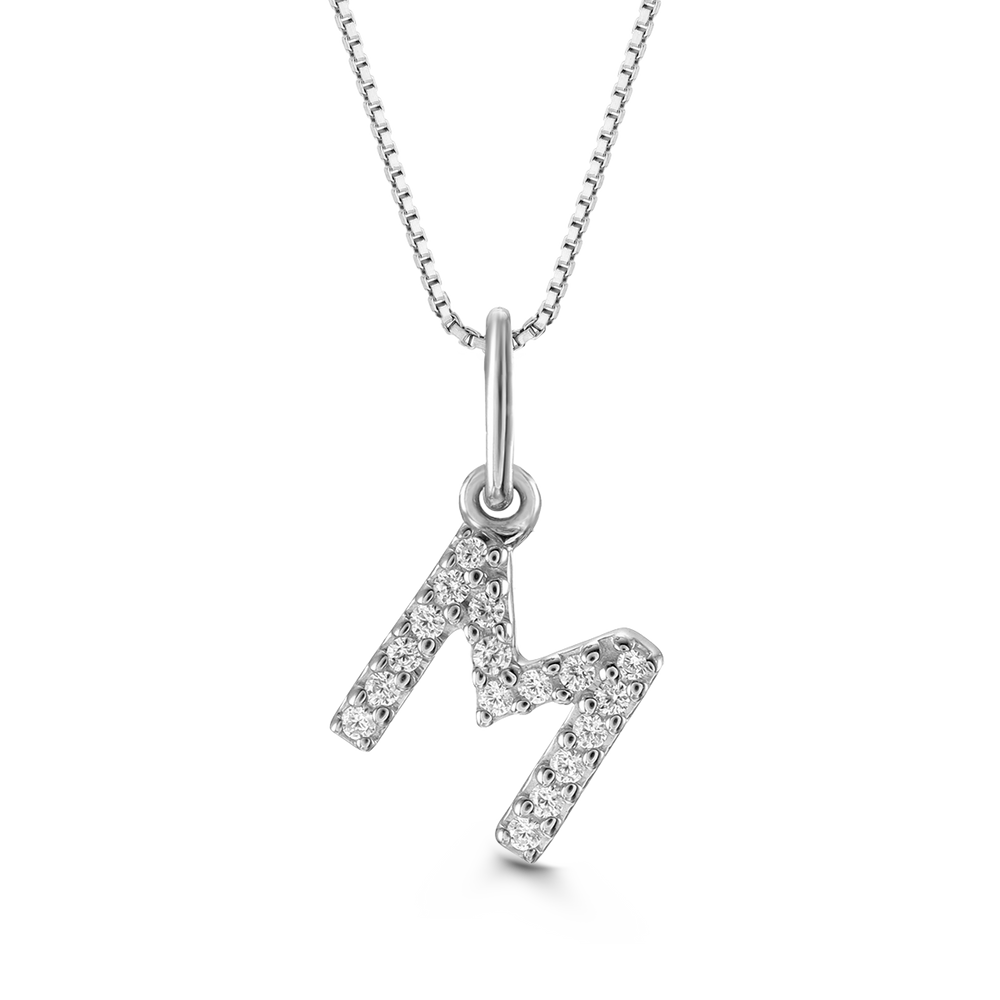 White gold "M" pendant with diamonds on a white gold cable chain, crafted in 10K white gold.