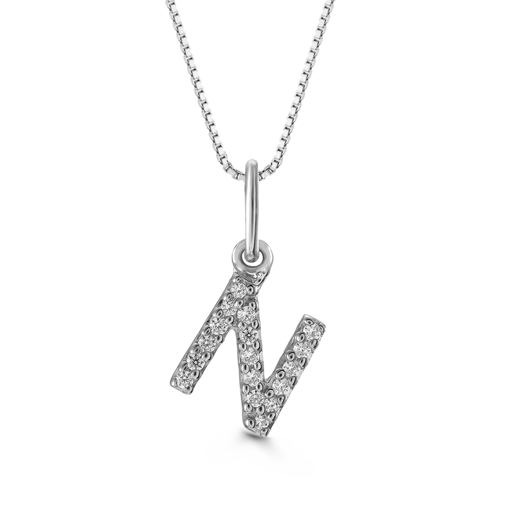 White gold "N" pendant with diamonds on a white gold cable chain, crafted in 10K white gold.