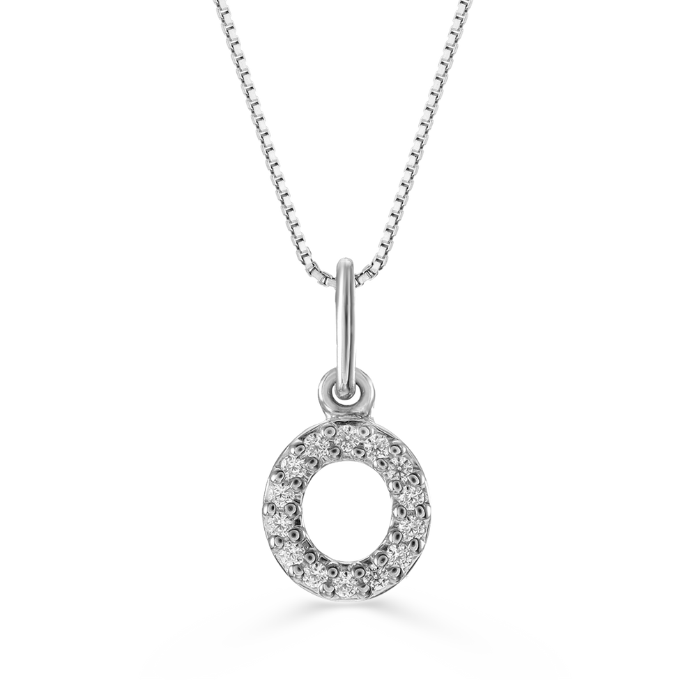 White gold "O" pendant with diamonds on a white gold cable chain, crafted in 10K white gold.