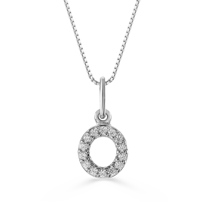 White gold "O" pendant with diamonds on a white gold cable chain, crafted in 10K white gold.