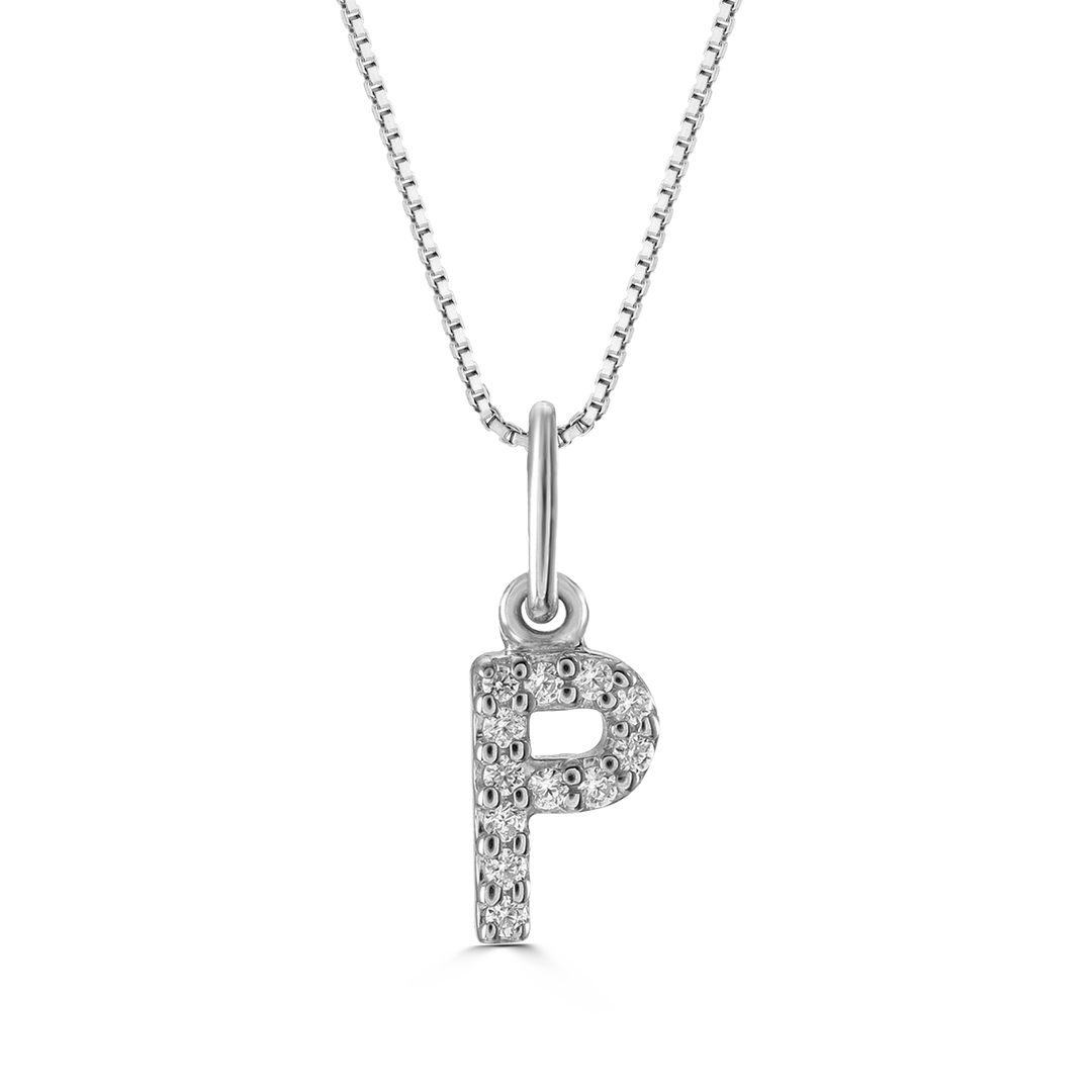 White gold "P" pendant with diamonds on a white gold cable chain, crafted in 10K white gold.