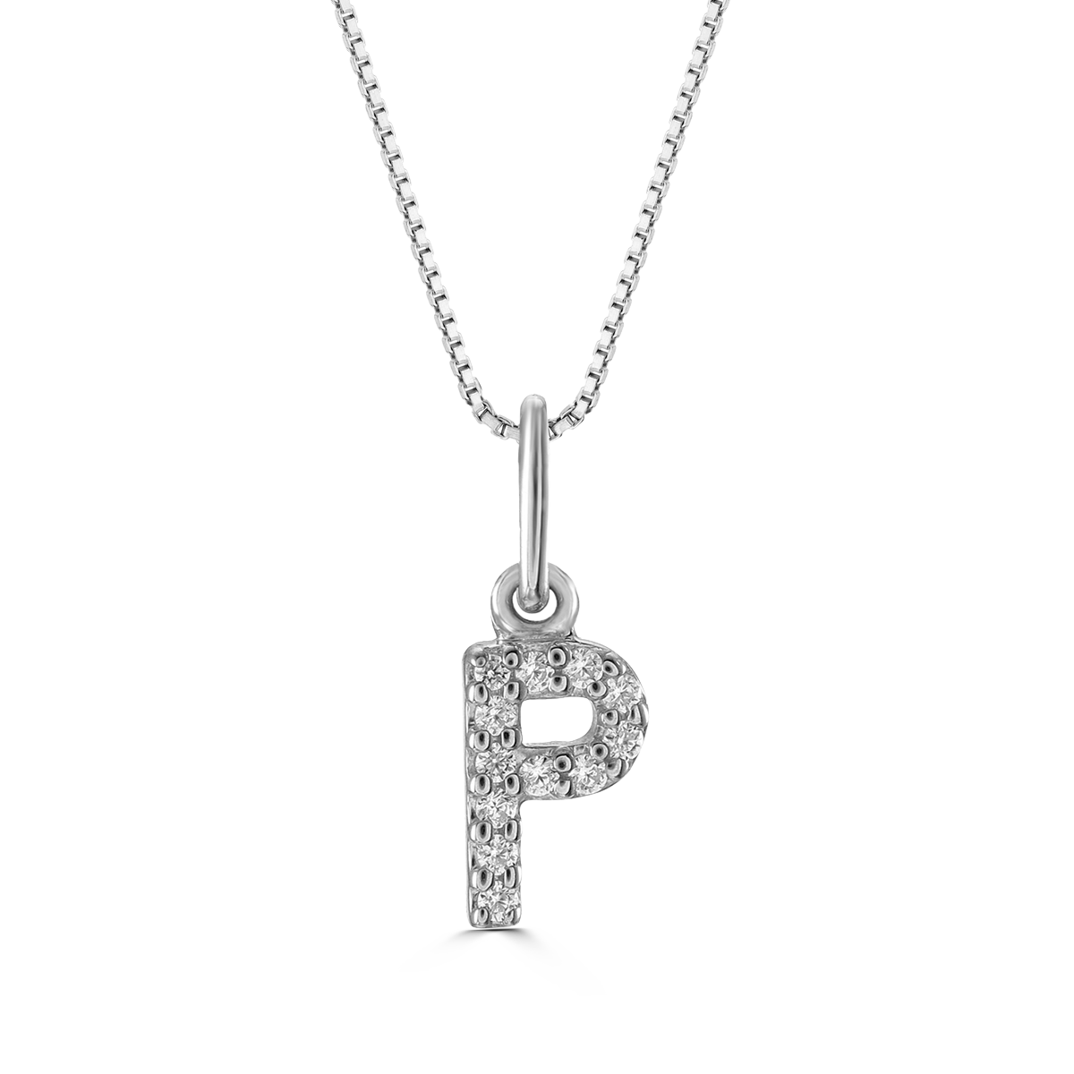 White gold "P" pendant with diamonds on a white gold cable chain, crafted in 10K white gold.