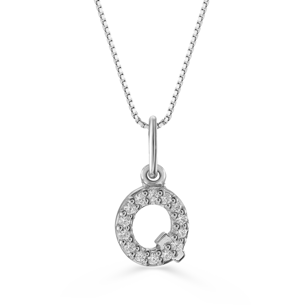 White gold "Q" pendant with diamonds on a white gold cable chain, crafted in 10K white gold.