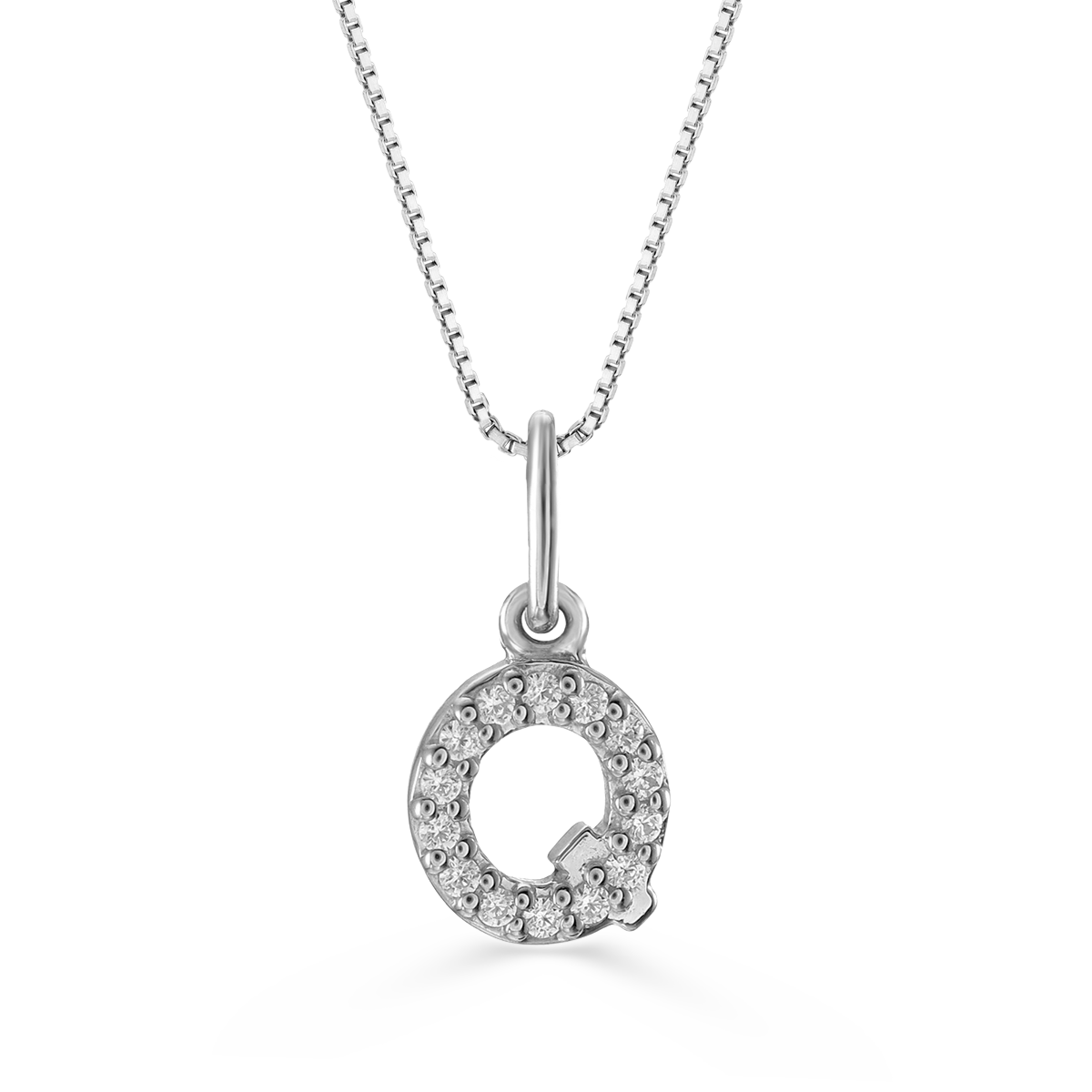 White gold "Q" pendant with diamonds on a white gold cable chain, crafted in 10K white gold.