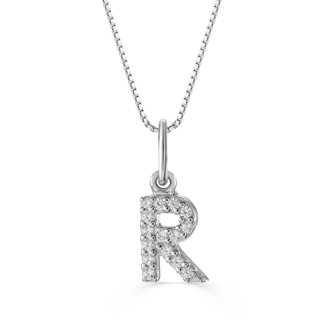 White gold "R" pendant with diamonds on a white gold cable chain, crafted in 10K white gold.