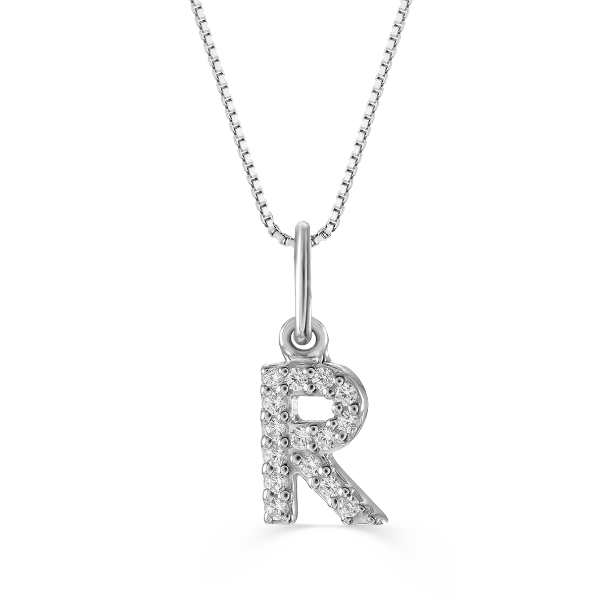 White gold "R" pendant with diamonds on a white gold cable chain, crafted in 10K white gold.