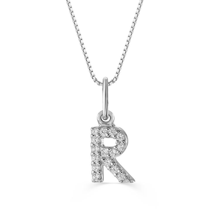 White gold "R" pendant with diamonds on a white gold cable chain, crafted in 10K white gold.