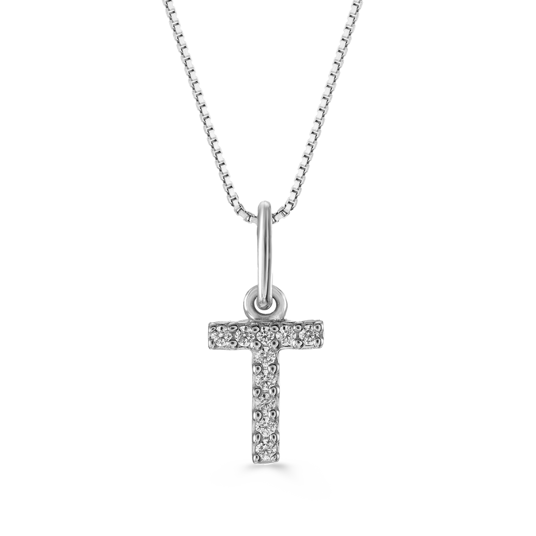 White gold "T" initial pendant with diamonds, paired with a 10K white gold cable chain.