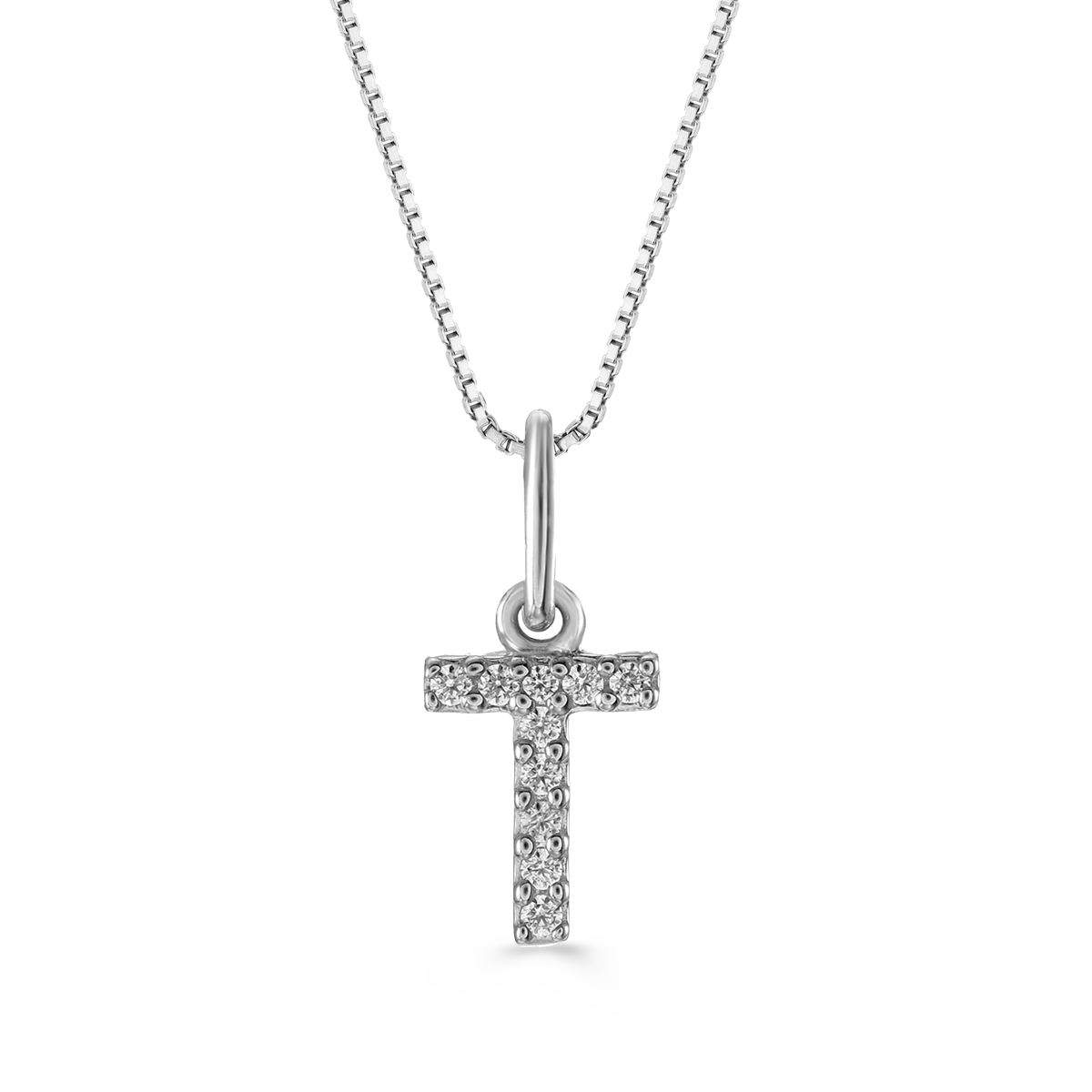 White gold "T" initial pendant with diamonds, paired with a 10K white gold cable chain.