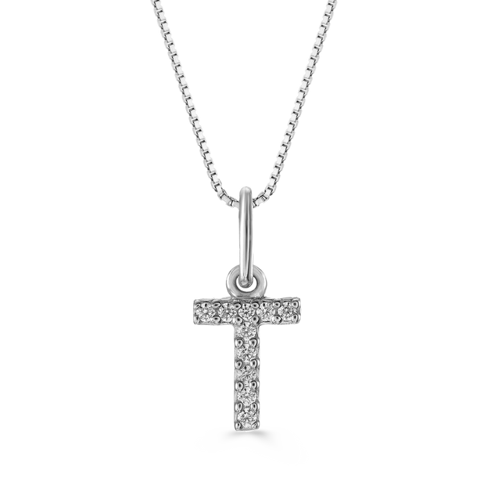White gold "T" initial pendant with diamonds, paired with a 10K white gold cable chain.