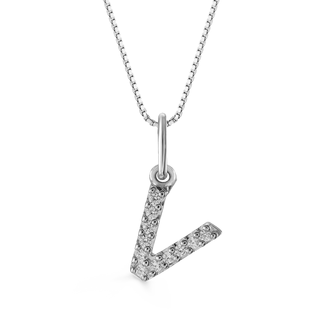 White gold "V" initial pendant with 0.04CT diamonds, paired with a white gold cable chain.