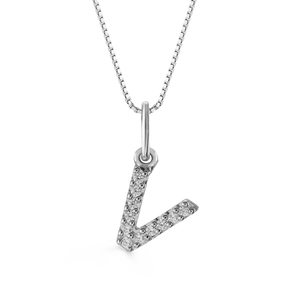 White gold "V" initial pendant with 0.04CT diamonds, paired with a white gold cable chain.