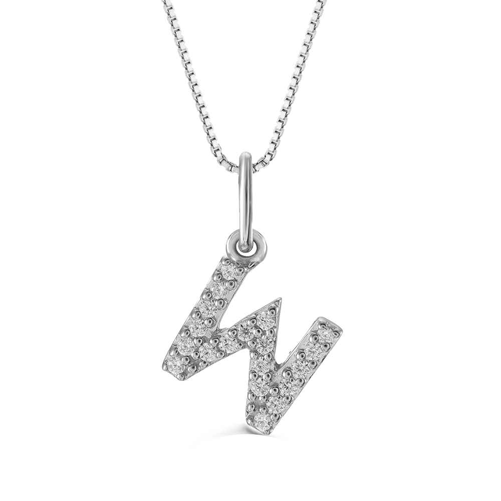 White gold "W" initial pendant with 0.06CT diamonds on a white gold cable chain.